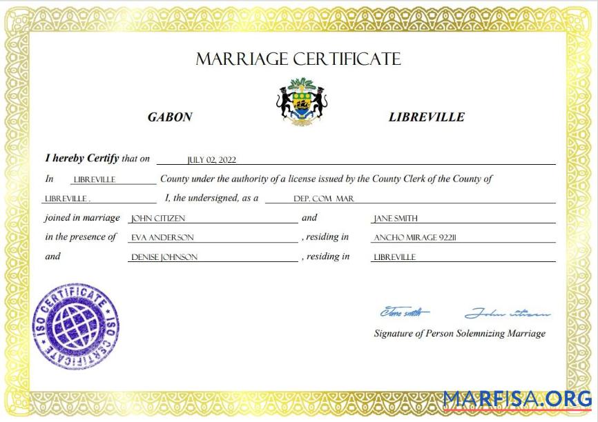 Realistic Gabon marriage certificate Word and PDF template